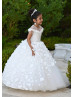 Cap Sleeves Beaded White Tulle 3D Flowers Fancy Flower Girl Dress Cap Sleeves Beaded White Tulle 3D Flowers Fancy Flower Girl Dress